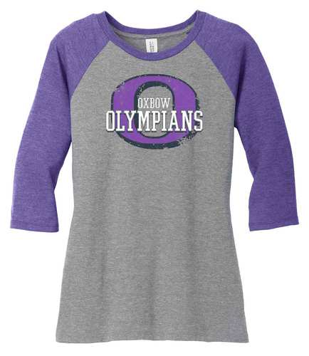 District Made Women's Perfect Tri 3/4 Sleeve Tee, front view in purple