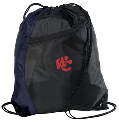 Front view of Navy/Black Port and Company Colorblock Cinch Pack with Embroidery Design