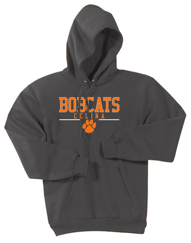 Port &amp; Company Essential Fleece Hood Sweatshirt in Charcoal with Screen Print Design, Front View