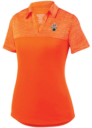 Augusta Women's Shadow Polo, front view in orange with left chest design