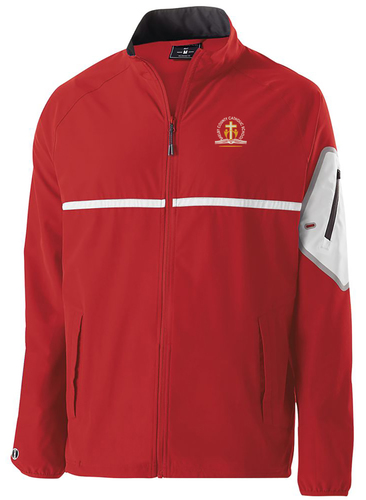 Holloway Weld Full Zip Jacket, Front View in Red with design