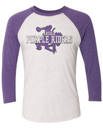 Next Level Unisex Tri-Blend 3/4 Raglan front view in Heather White Body with Purple Sleeves with Design