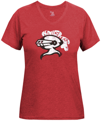 Front view of Red Heather Badger Women's Tri-Blend Tee with Screen Print Design