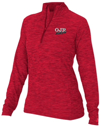 Russell Women's Performance 1/4 Zip Pullover front view in True Red with Design