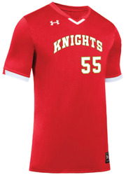 Under Armour Youth Stock Ignite V-Neck Baseball Jersey front view in Red with Screen Print Design
